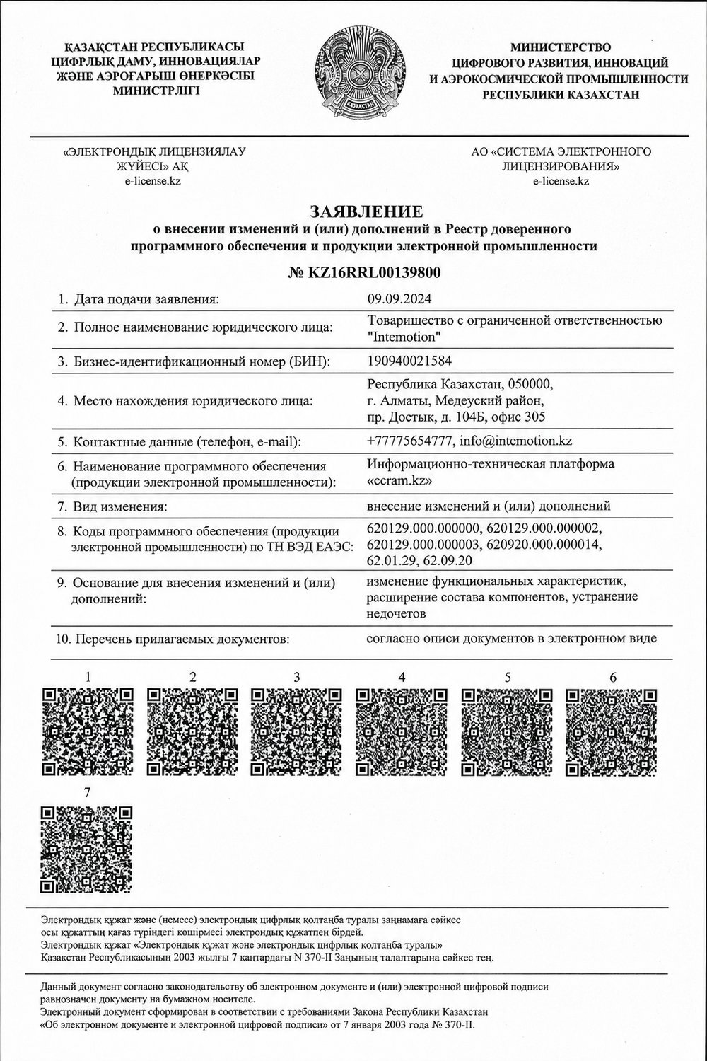 ТОО «Intemotion» — платформа «ccram.kz» — Внесение изменений в Реестр доверенного программного обеспечения и продукции электронной промышленности